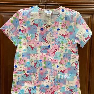 NEW Ladies Small Scrub Top Breast Cancer Awareness Pink Blue Back Tie 3 Pockets